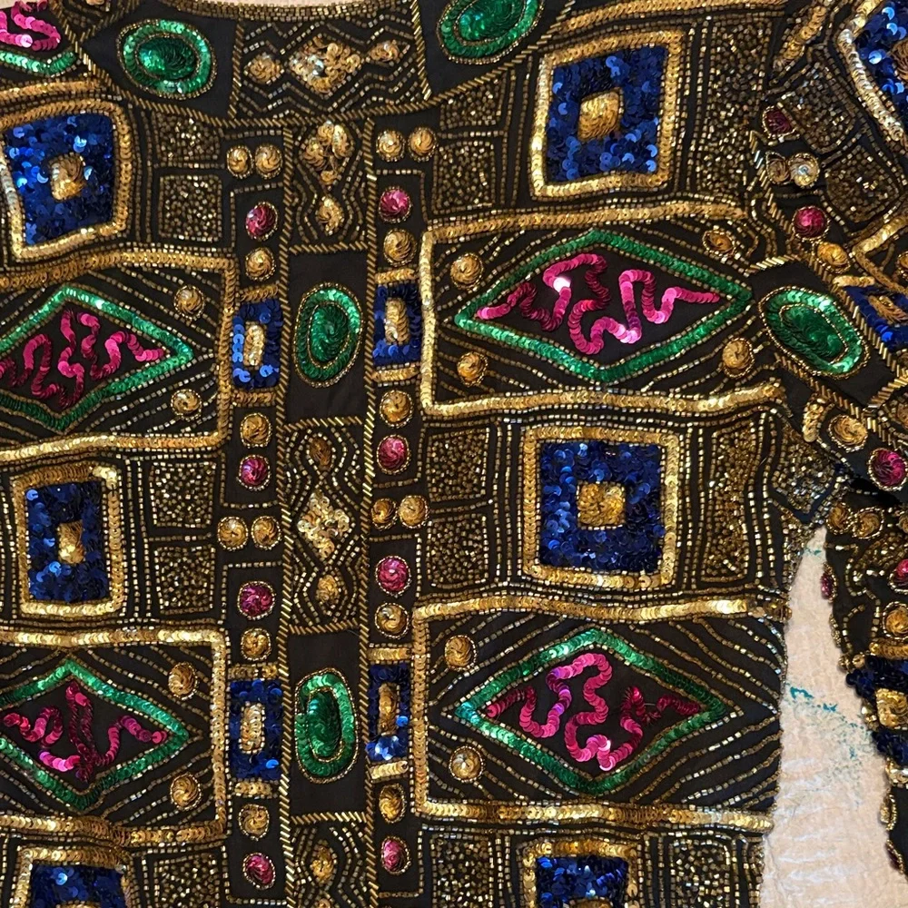 Scala Black Blazer with Gold Beading and Multicolor Sequin Motifs - Picture 2 of 3